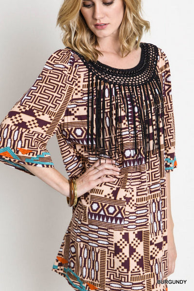 Tribal Print with Beaded Fringe Neck Line