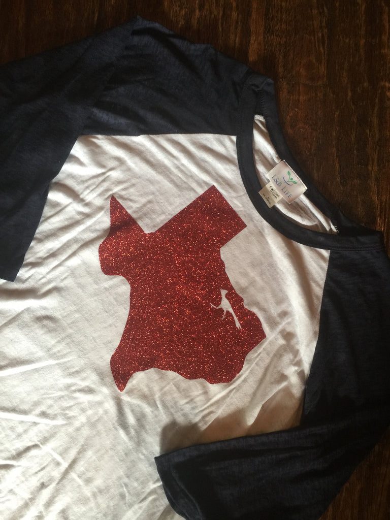 Aubrey Chaps Red Glitter Texas navy sleeve burnout tee