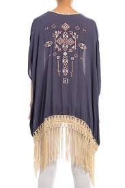 Embroidered Detail Fringe Trim Open Poncho in Dusty Blue
