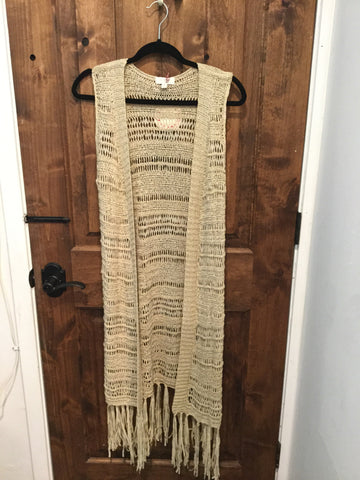 Long crochet fringe vest - beige